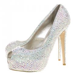 Pre Owned Le Silla Grey Crystal Embellished Leather Peep Toe Platform Pumps Size 38
