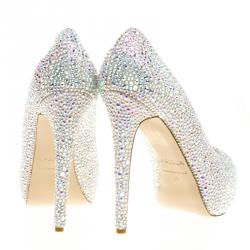 Pre Owned Le Silla Grey Crystal Embellished Leather Peep Toe Platform Pumps Size 38