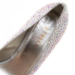Pre Owned Le Silla Grey Crystal Embellished Leather Peep Toe Platform Pumps Size 38