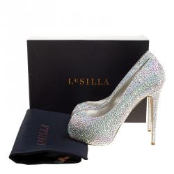 Pre Owned Le Silla Grey Crystal Embellished Leather Peep Toe Platform Pumps Size 38