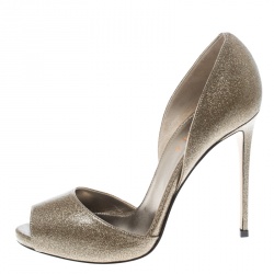 Pre Owned Le Silla Gold Glitter Leather Peep Toe Sandals Size 38