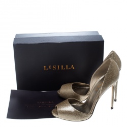 Pre Owned Le Silla Gold Glitter Leather Peep Toe Sandals Size 38