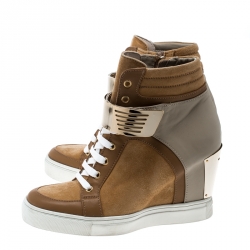 Pre Owned Le Silla Brown/Grey Leather In Chipow High Top Wedge Sneakers Size 37