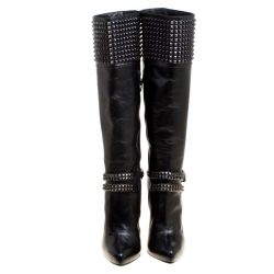 Pre Owned Le Silla Black Leather Studded Knee Length Boots Size 38