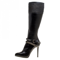 Pre Owned Le Silla Black Leather Studded Knee Length Boots Size 38