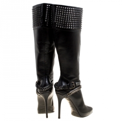 Pre Owned Le Silla Black Leather Studded Knee Length Boots Size 38