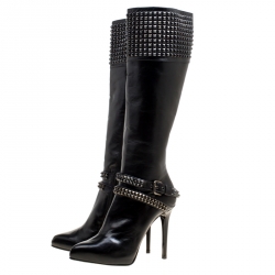 Pre Owned Le Silla Black Leather Studded Knee Length Boots Size 38
