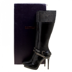 Pre Owned Le Silla Black Leather Studded Knee Length Boots Size 38