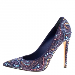 Pre Owned Enio Silla For Le Silla Blue Crystal Embellished Suede Pointed Toe Pumps Size 39