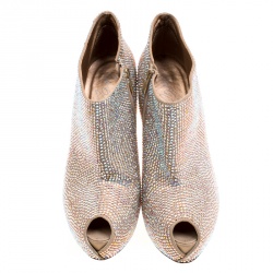 Pre Owned Enio Silla For Le Silla Beige Crystal Embellished Leather Peep Toe Platform Booties Size 38.5