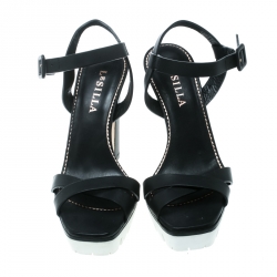 Pre Owned Le Silla Black Leather Cross Strap Platform Sandals Size 37.5