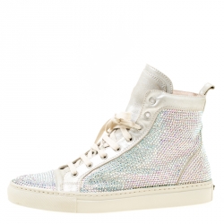 Pre Owned Le Silla Light Grey Suede Crystal Embellished High Top Sneakers Size 38