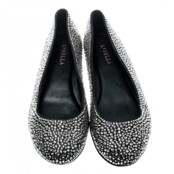 Pre Owned Le Silla Black Suede Crystal Embellished Ballet Flats Size 41