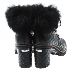 Pre Owned Le Silla St.Moritz Black Quilted Leather Fur Lined Block Heel Trekking Boots Size 40