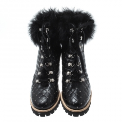 Pre Owned Le Silla St.Moritz Black Quilted Leather Fur Lined Block Heel Trekking Boots Size 40