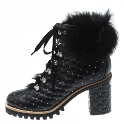 Pre Owned Le Silla St.Moritz Black Quilted Leather Fur Lined Block Heel Trekking Boots Size 40