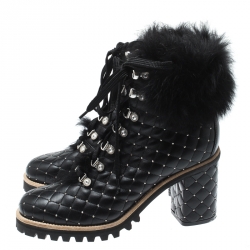 Pre Owned Le Silla St.Moritz Black Quilted Leather Fur Lined Block Heel Trekking Boots Size 40