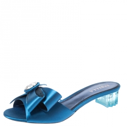 Pre Owned Le Silla Blue Satin Crystal Embellished Bow Slip On Sandals Size 40