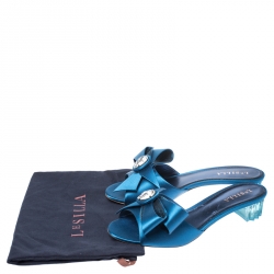 Pre Owned Le Silla Blue Satin Crystal Embellished Bow Slip On Sandals Size 40