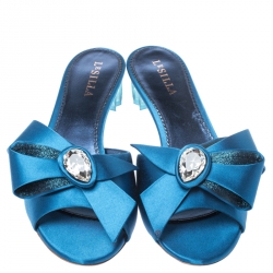 Pre Owned Le Silla Blue Satin Crystal Embellished Bow Slip On Sandals Size 40