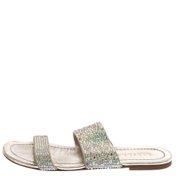 Pre Owned Le Silla Gray Leather Crystal Embellished Flat Size 38