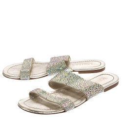 Pre Owned Le Silla Gray Leather Crystal Embellished Flat Size 38