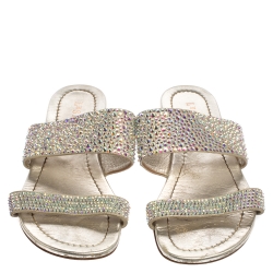 Pre Owned Le Silla Gray Leather Crystal Embellished Flat Size 38