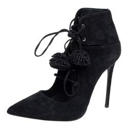 Black Suede Lace Up Pointed Toe Ankle Booties