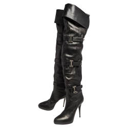 Pre Owned Le Silla Black Leather Studded Knee Length Boots Size 37.5