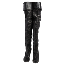 Pre Owned Le Silla Black Leather Studded Knee Length Boots Size 37.5