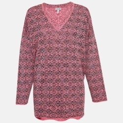 Pre Owned Loewe Pink Anagram Knit V-Neck Oversized Sweater XS