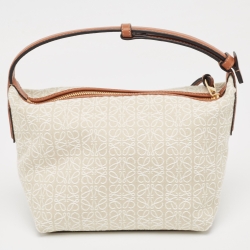 Pre Owned Loewe Cream/Brown Anagram Jacquard and Leather Cubi Shoulder Bag