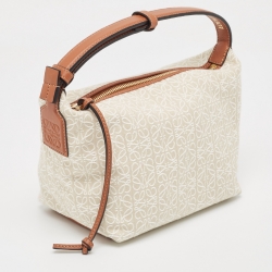 Pre Owned Loewe Cream/Brown Anagram Jacquard and Leather Cubi Shoulder Bag