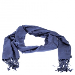 Pre Owned Loewe Blue Printed Silk Tassel Detail Stole