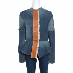 Pre Owned Loewe Indigo Washed Frayed Edge Denim Leather Trim Peplum Jacket M
