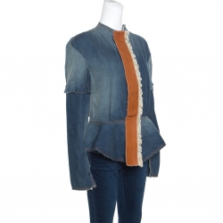Pre Owned Loewe Indigo Washed Frayed Edge Denim Leather Trim Peplum Jacket M
