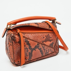 Loewe Orange/Black Python and Leather Mini Puzzle Shoulder Bag