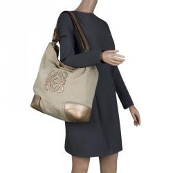 Loewe Beige/Gold Canvas and Leather Hobo