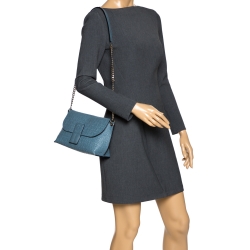 Pre Owned Loewe Blue Signature Embossed Leather Flap Shoulder Bag
