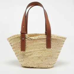 Pre Owned Loewe Beige/Brown Woven Raffia and Leather Small Tote