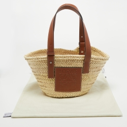 Pre Owned Loewe Beige/Brown Woven Raffia and Leather Small Tote