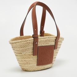 Pre Owned Loewe Beige/Brown Woven Raffia and Leather Small Tote