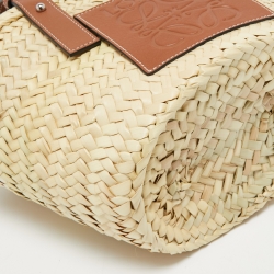 Pre Owned Loewe Beige/Brown Woven Raffia and Leather Small Tote