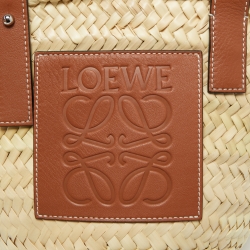 Pre Owned Loewe Beige/Brown Woven Raffia and Leather Small Tote