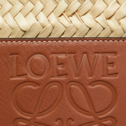 Pre Owned Loewe Beige/Brown Woven Raffia and Leather Small Tote