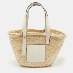Pre Owned  Loewe Beige/White Woven Raffia and Leather Basket Bag