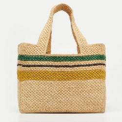 Pre Owned Loewe x Paula Ibiza Cream/Black Raffia and Leather Logo Stripe Tote