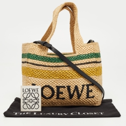 Pre Owned Loewe x Paula Ibiza Cream/Black Raffia and Leather Logo Stripe Tote