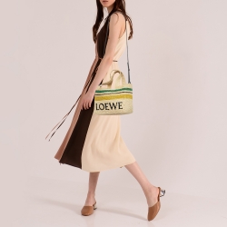 Pre Owned Loewe x Paula Ibiza Cream/Black Raffia and Leather Logo Stripe Tote