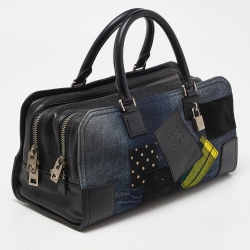 Pre Owned Loewe x Junya Watanabe Multicolor Leather,Denim and Suede Amazona 35 Patchwork Bag